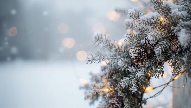 Frosted Pine Garland with Snow-Covered Pinecones and Warm Bokeh Lights for Winter Decor