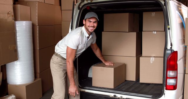 Delivery driver loading his van in a large warehouse