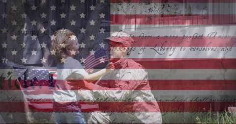 United States Flag Over Happy Soldier Embracing Daughter Represents Patriotism