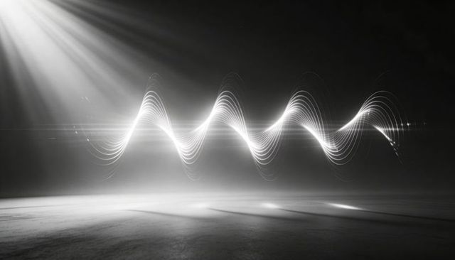 Luminous sine wave ribbon floating over dark stage with dramatic top-left beam monochrome