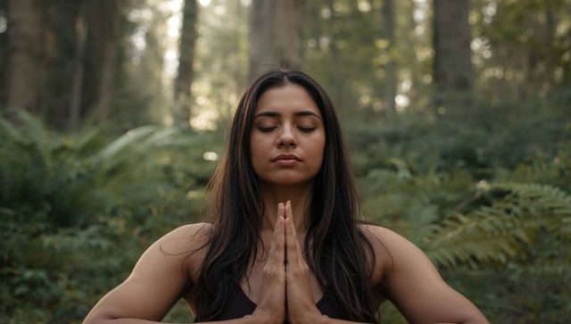 Mindful Woman Practicing Meditation in Serene Woodland Setting