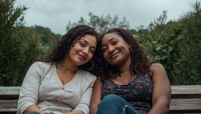 Two Friends Leaning Together on Wooden Park Bench, Smiling and Relaxing in Garden