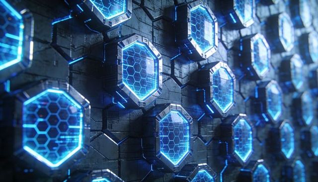 Glowing octagonal modules displaying hexagonal honeycomb lights on futuristic metallic grid