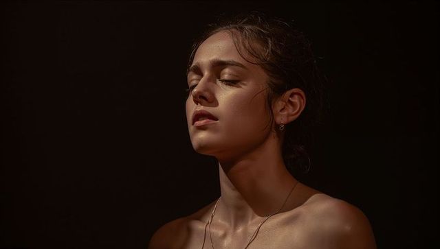 Moody chiaroscuro portrait of woman with bare shoulders and soft studio light