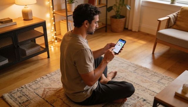 Man checking smart thermostat app on smartphone while sitting cross-legged on rug