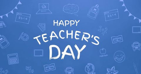 Happy Teacher's Day Celebration with School Icons on Blue Background - Download Free Stock Images Pikwizard.com