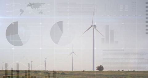 Wind Turbines on Grassland with Digital Data Overlay