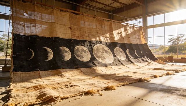 Handwoven moon phases tapestry hanging in sunlit artist studio