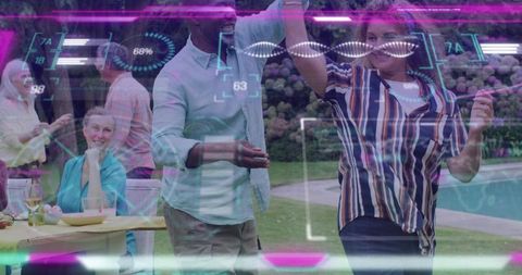Mature couple dancing poolside at garden gathering, twirling joyfully with holographic hud
