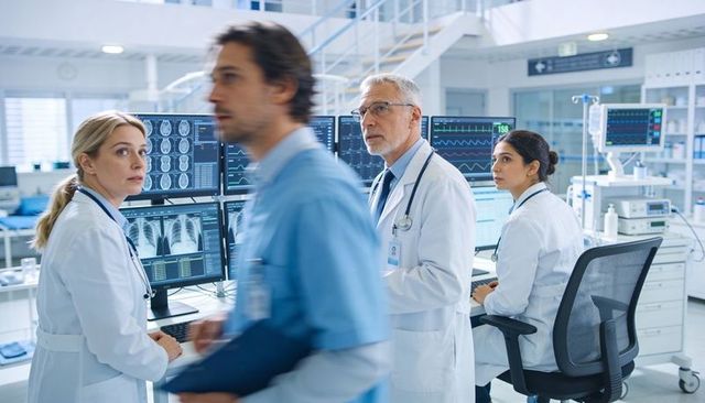 Multidisciplinary medical team reviewing cardiac monitors and chest x-rays in control room