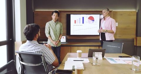Diverse team presenting data in modern conference room