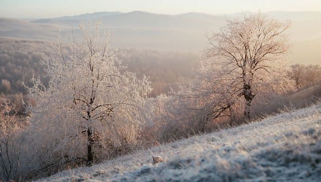 Frost-covered trees glowing in warm sunrise on misty hillside