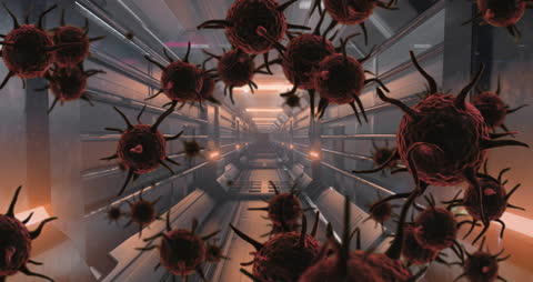 Surreal Virus Highlighting Empty Technological Corridor