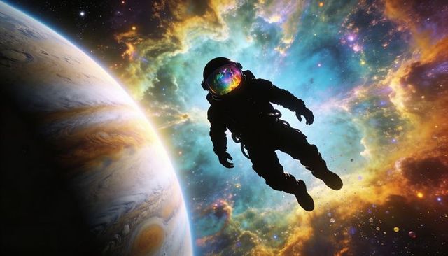 Astronaut floating silhouette near banded gas giant with nebula reflection in visor