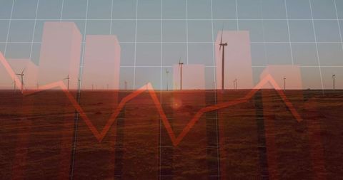 Wind Turbines and Sunset with Data Overlay Illustrating Environmental Analytics