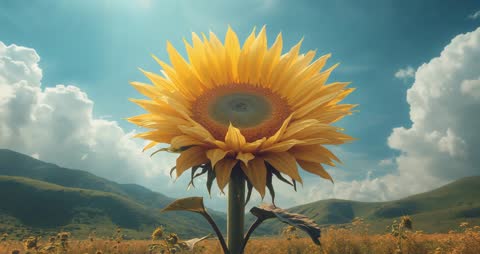 Sunflower Glistening in Sun with Rolling Hills and clouds