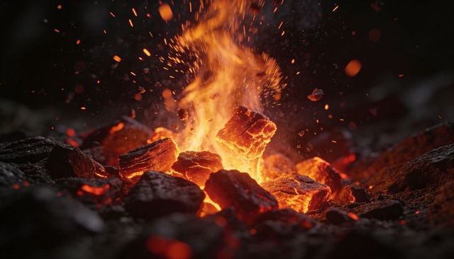 Glowing charcoal emitting flames and flying sparks, night ember close-up and heat