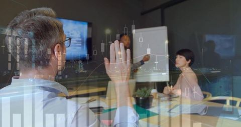 Business Meeting with Financial Chart Overlay for Innovative Collaboration