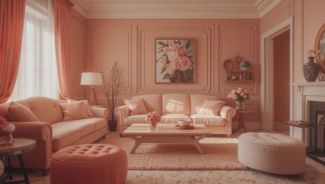 Elegant peach living room interior with sofa and coffee table