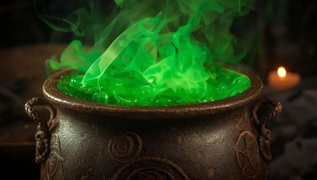 Magical bronze cauldron bubbling with mysterious green liquid