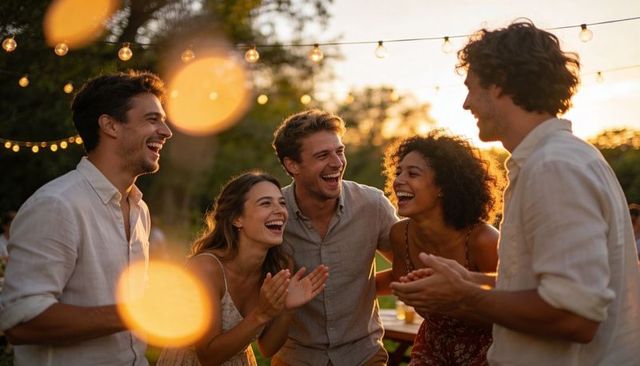 Friends laughing under string lights at summer backyard party during golden hour