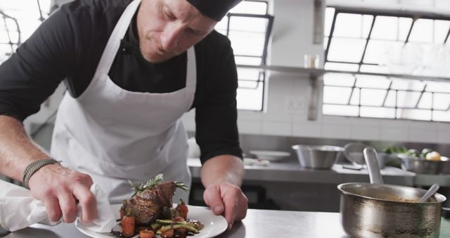 Professional Chef Garnishing Plated Dish in Industrial Kitchen - Download Free Stock Images Pikwizard.com