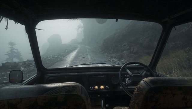 Steering wheel dominating rugged off-road cabin showing narrow foggy mountain gravel road