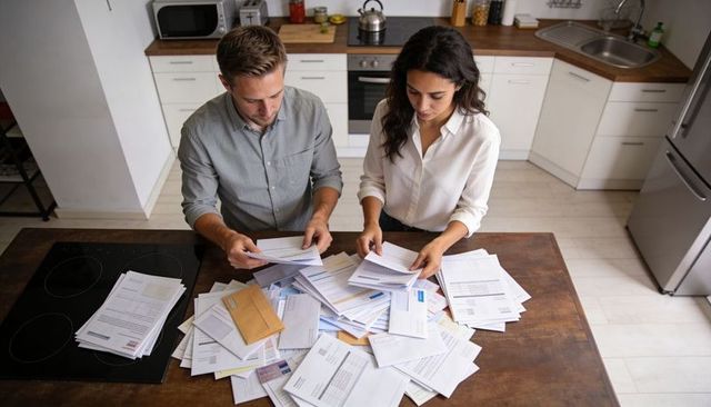 Couple sorting bills and mail at kitchen table managing household finances and paperwork