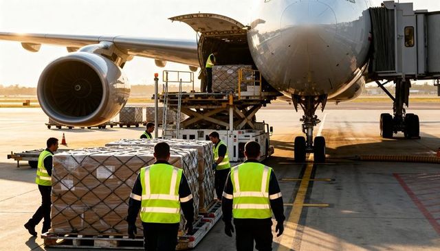 Ramp crew loading palletized airfreight into cargo jet using scissor loader at sunrise