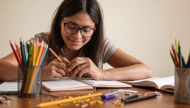 Focused teen studying at home desk with glasses, spiral notebook and colorful pencils