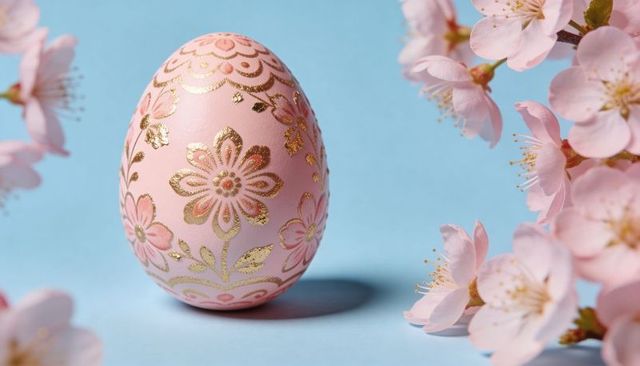 Pastel pink ornate easter egg with gold floral motifs nestled among cherry blossoms