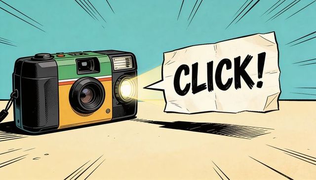 Retro film camera flashing with 'click!' speech bubble on turquoise pop art background