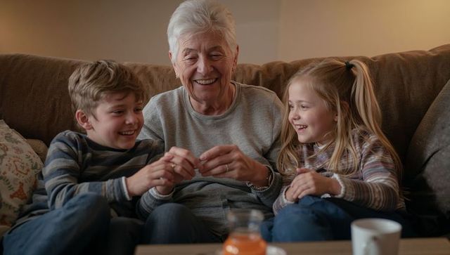 Smiling grandmother holding keepsake while laughing with grandchildren on cozy sofa in warm living r