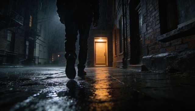 Silhouette walking in rainy alleyway with warm lit door and reflective wet pavement