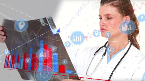 Female Doctor Analyzing Data with Graph Overlays