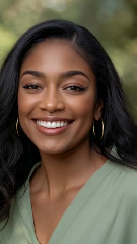 Woman nodding as camera zooming in park, smiling vertical portrait with hoop earrings
