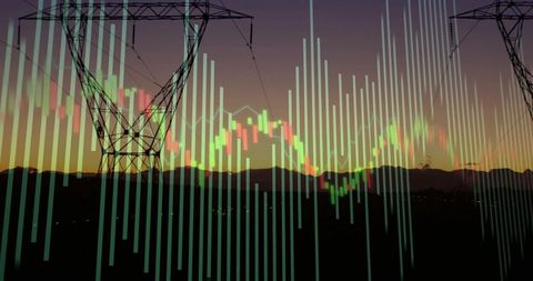 Electricity Market Data Overlaying Transmission Towers at Dusk Concept for Energy Trading