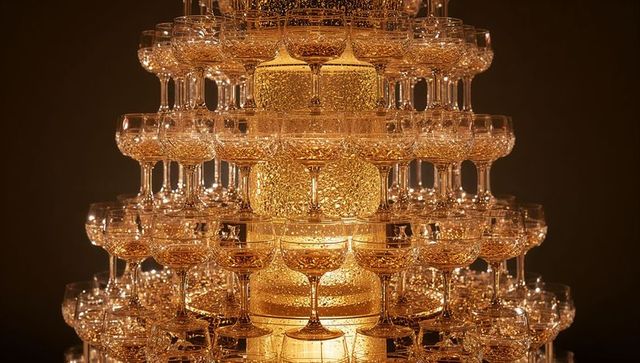 Tiered champagne coupe pyramid glowing with golden bubbles and sparkling condensation