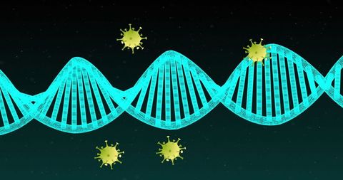 Futuristic dna strand with virus cell icons on digital background