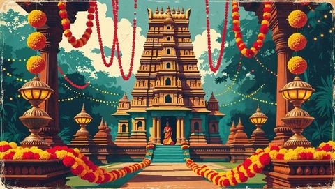 Traditional festive indian temple courtyard with marigold garlands, vishu festival