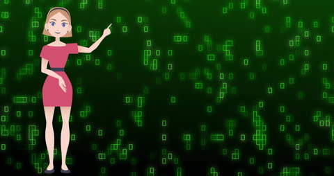 Cartoon Woman in Red Dress Pointing at Digital Binary Matrix