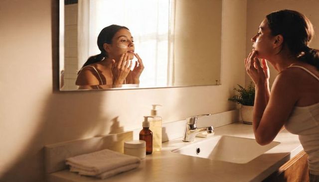 Woman applying face cream at mirror in sunlit minimalist bathroom morning skincare routine