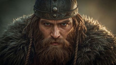 Fierce viking warrior in riveted helmet and braided beard
