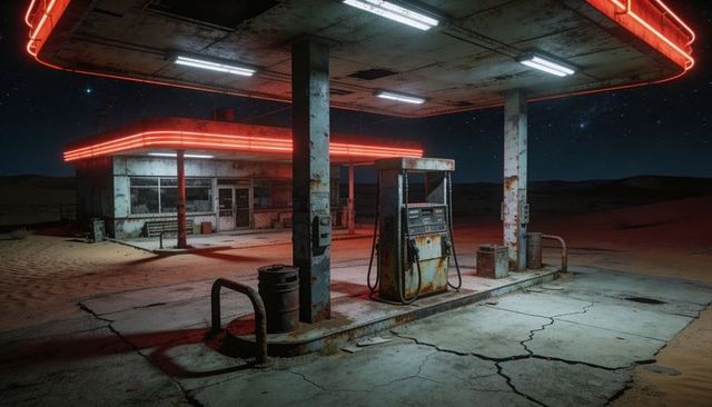 Neon-lit abandoned gas station glowing over cracked desert forecourt with rusting pump