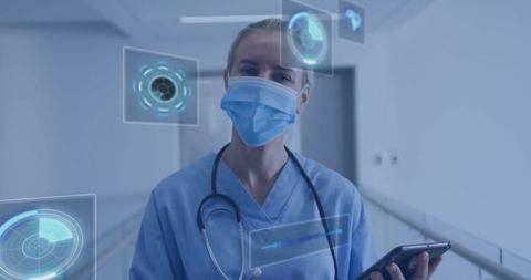 Medical Professional Analyzing Holographic Data in Hospital Corridor