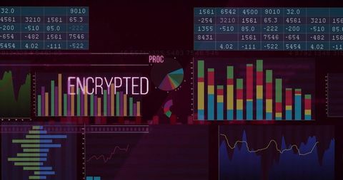 Encrypted data on digital interface with analytics charts