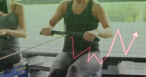 Woman Rowing in Gym with Performance Graph Overlay