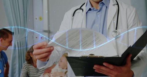 Doctor Analyzing Documents with DNA Strand Overlay