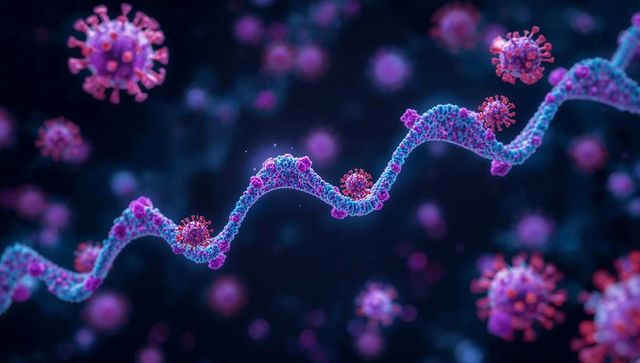 Helical rna strand with viral particles representing virology concepts