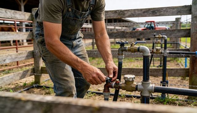 Farmer tightening irrigation valve at corral wearing denim overalls with water meter